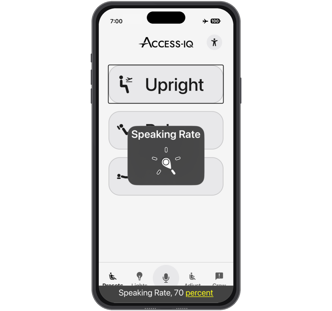 vision Mobile interface displaying controls for seat and cabin features, including buttons for lighting, presets, and adjustments, designed for interaction through a personal device via screen reader.