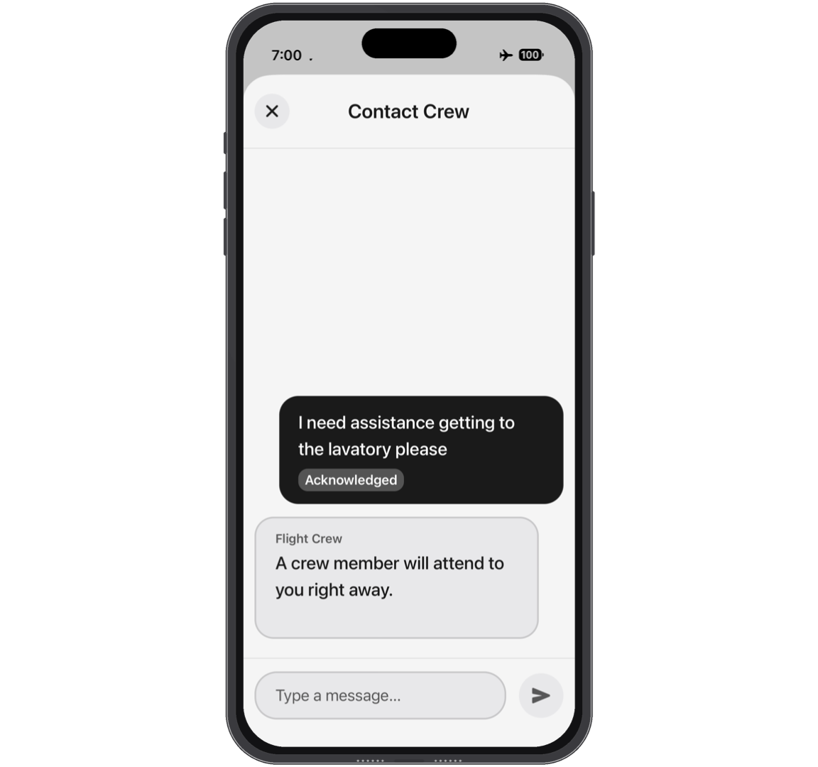 Mobile interface showing a passenger sending a message requesting assistance to reach the lavatory, with a confirmation reply from the flight crew indicating the request has been received.