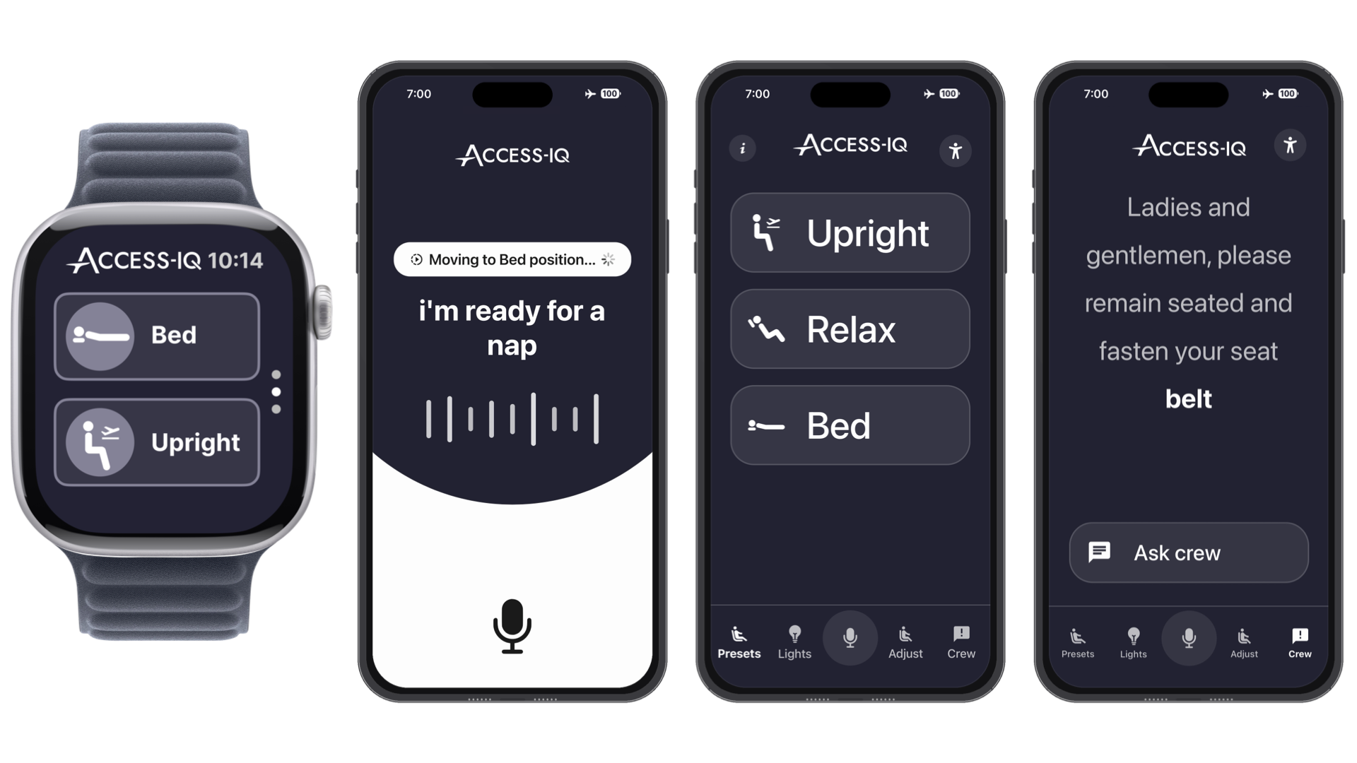Smartphone and smartwatch User interface Smartwatch showing seat controls with three phones screenshots one after the other: showing voice command, seat controls and transcribed PA announcements in English