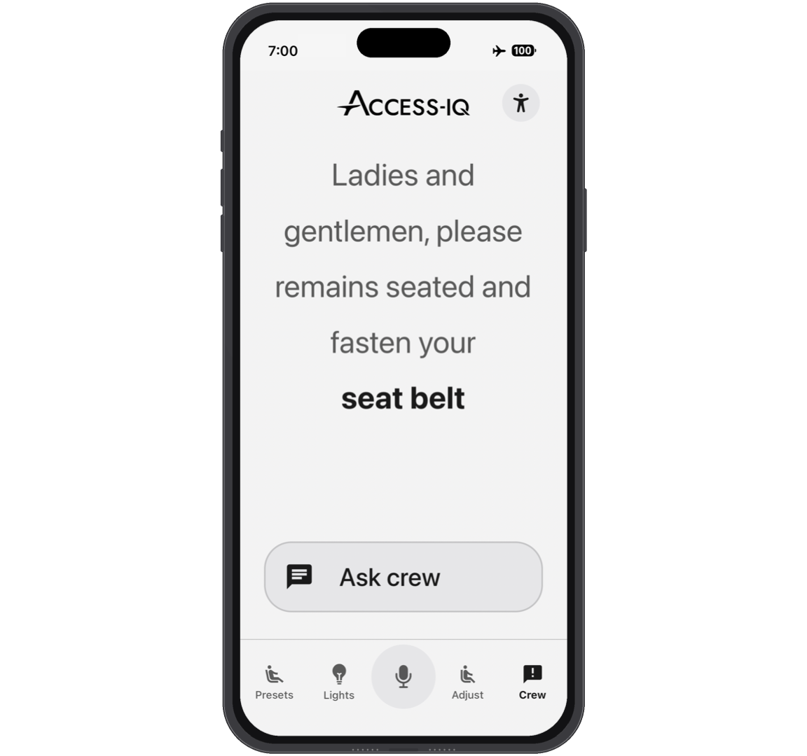 PA announcement Aircraft announcement converted into clear, structured text on a personal device screen, allowing passengers to read and understand spoken information.