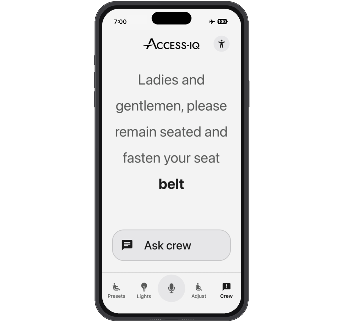 PA Annoucment Aircraft announcement converted into clear, structured text on a personal device screen, allowing passengers to read and understand spoken information.